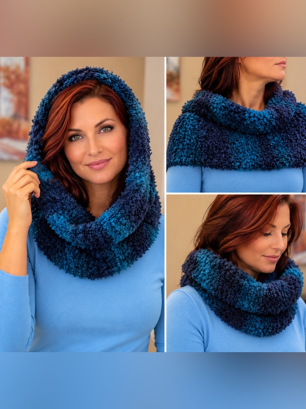 Handmade Blue & Teal Chunky Infinity Scarf / Hooded Cowl
